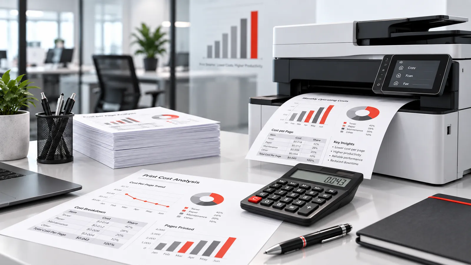 Conferência de custos de impressão com relatórios e calculadora em escritório