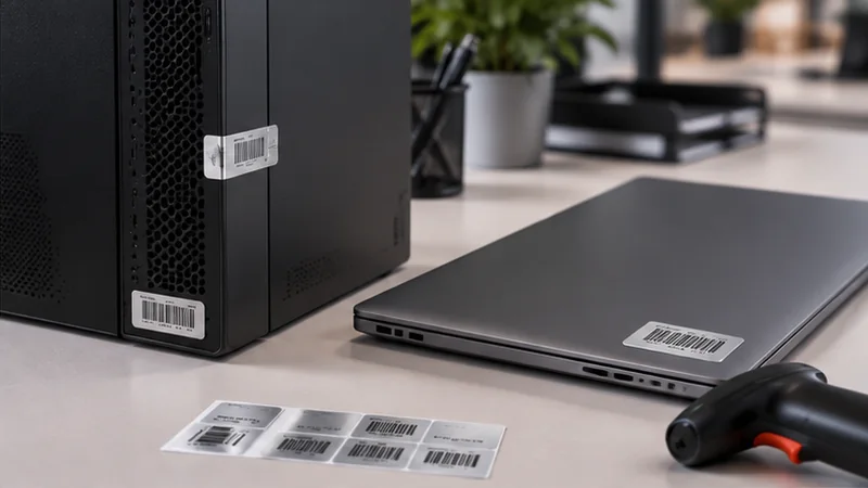 Cena conceitual de notebook e desktop identificados com etiquetas patrimoniais, com amostras e leitor na bancada