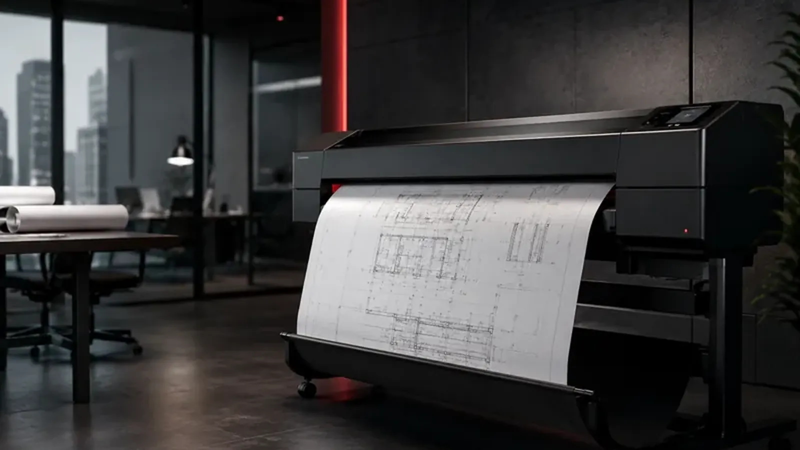 Plotter com planta técnica em papel em cena editorial de escritório