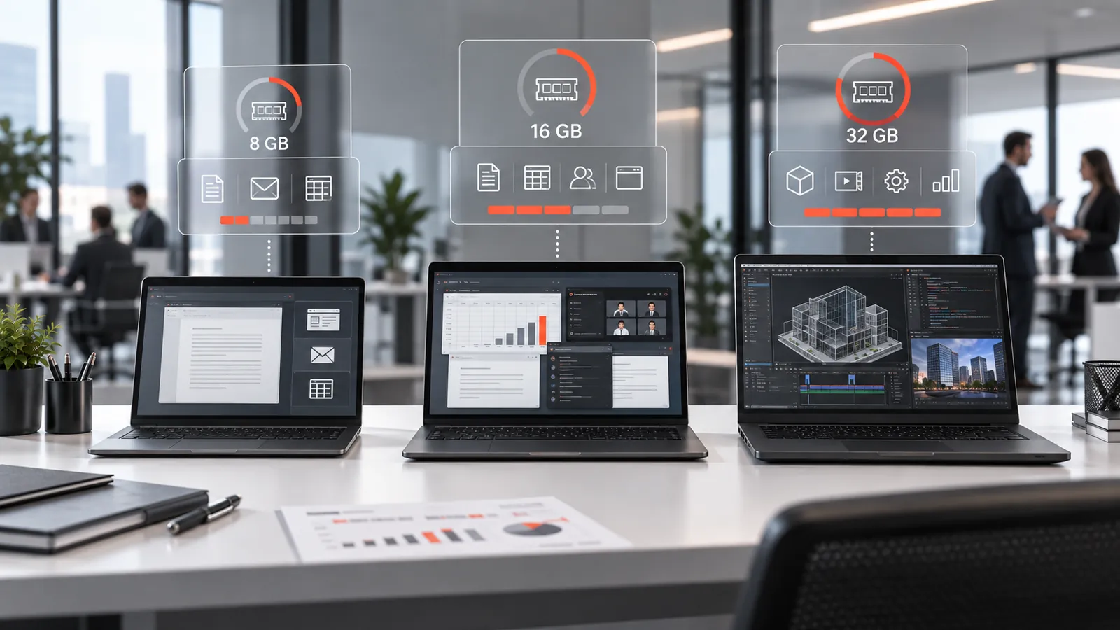 Diferentes aplicações e cargas em computadores, sem representar configuração recomendada universal