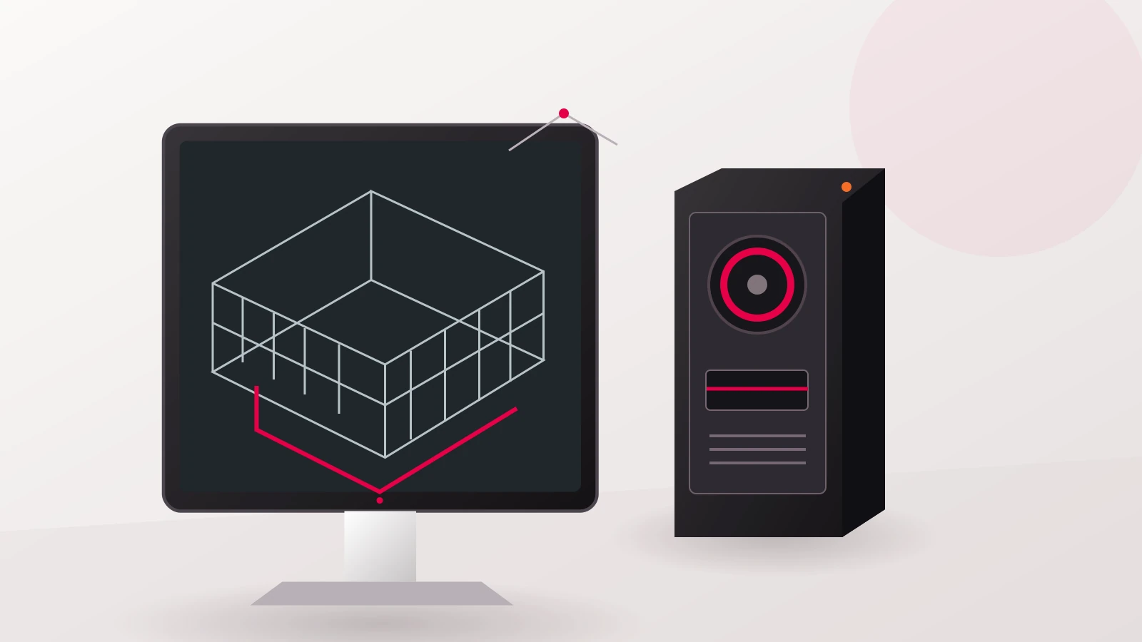 Ilustração editorial de workstation com modelo arquitetônico e componentes de processamento